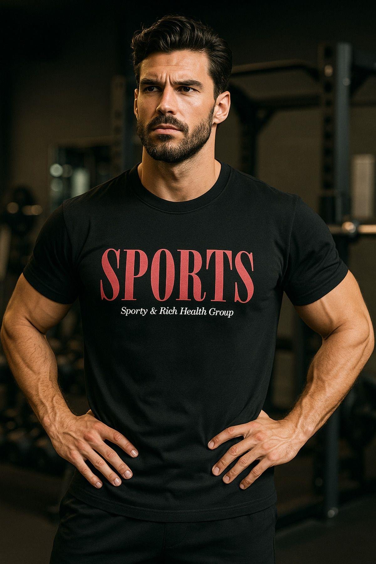 Erkek Siyah Basic T-shirt Baskılı Slim Fit %100 Pamuk Tişört