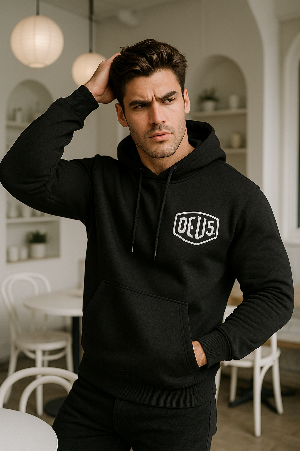 Erkek Siyah Baskılı Kapüşonlu Sweatshirt