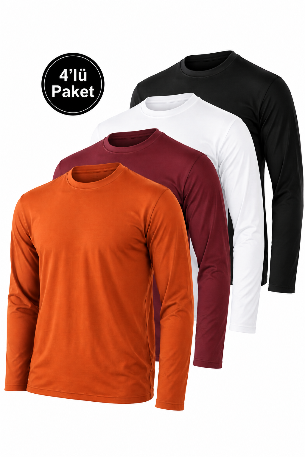 Erkek Siyah-Beyaz-Bordo-Kiremit 4'lü Paket Basic Uzun Kollu Tişört Sporcu Body T-shirt