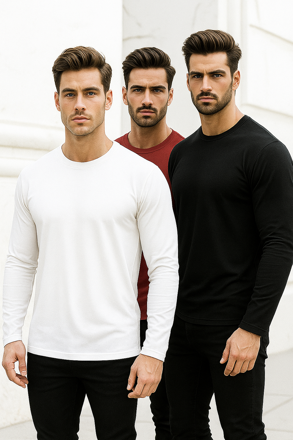Erkek Siyah-Beyaz-Kırmızı 3'lü Paket Basic Uzun Kollu Sporcu Body