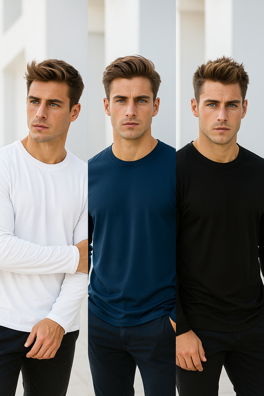 Erkek Siyah-Beyaz-Lacivert 3'lü Paket Basic Uzun Kollu Sporcu Body