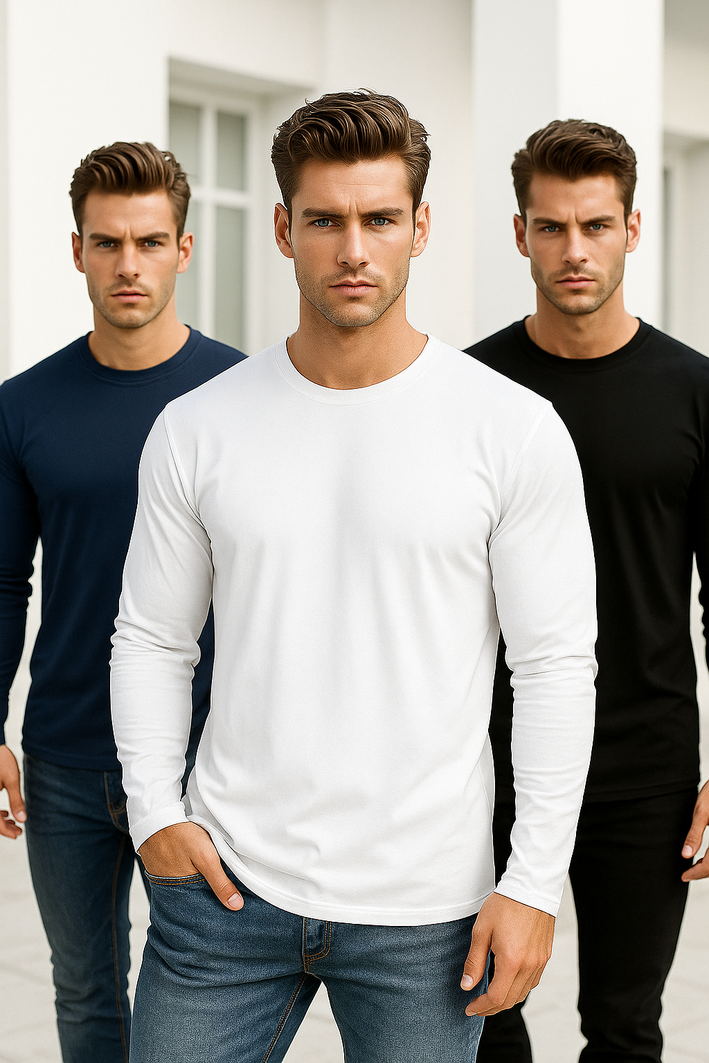 Erkek Siyah-Beyaz-Lacivert 3'lü Paket Basic Uzun Kollu Sporcu Body