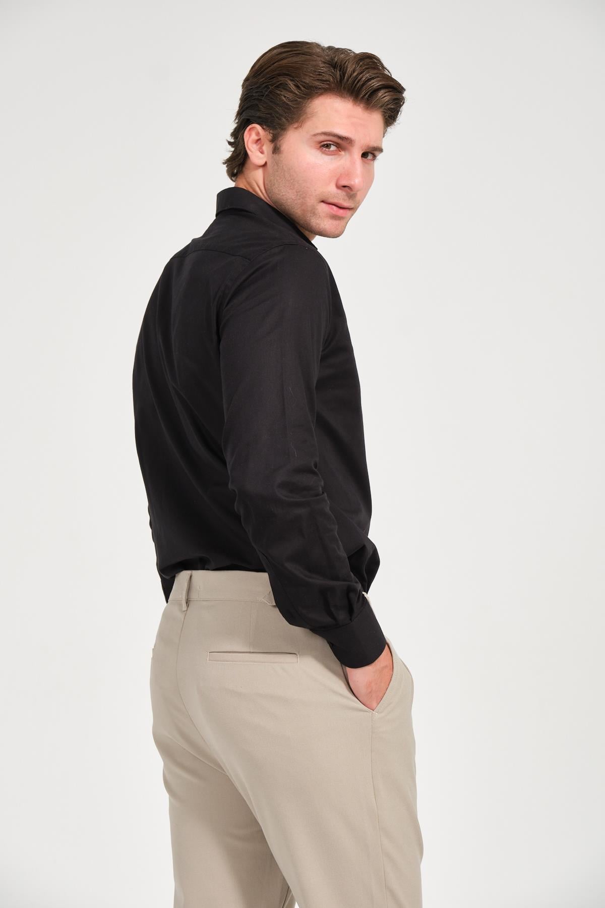 Erkek Siyah Comfort Fit Uzun Kollu Gömlek