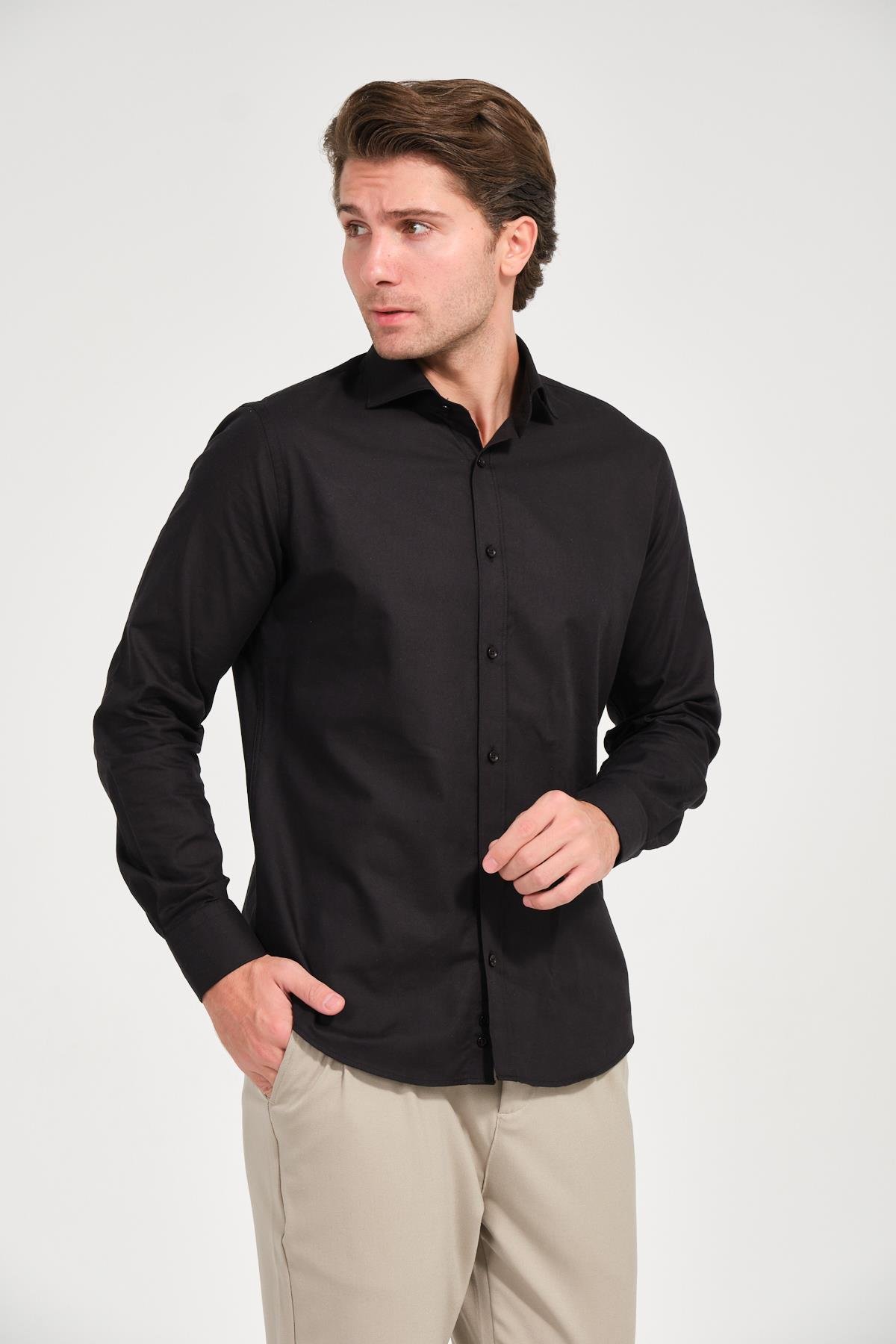 Erkek Siyah Comfort Fit Uzun Kollu Gömlek