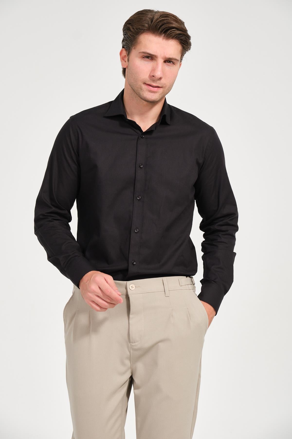 Erkek Siyah Comfort Fit Uzun Kollu Gömlek
