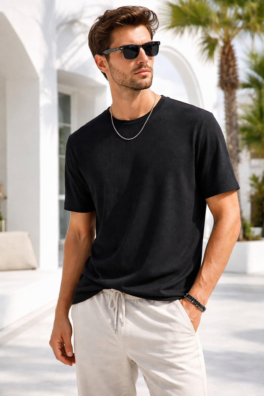 Erkek Siyah Jakarlı İnterlock Kumaş Basic T-shirt
