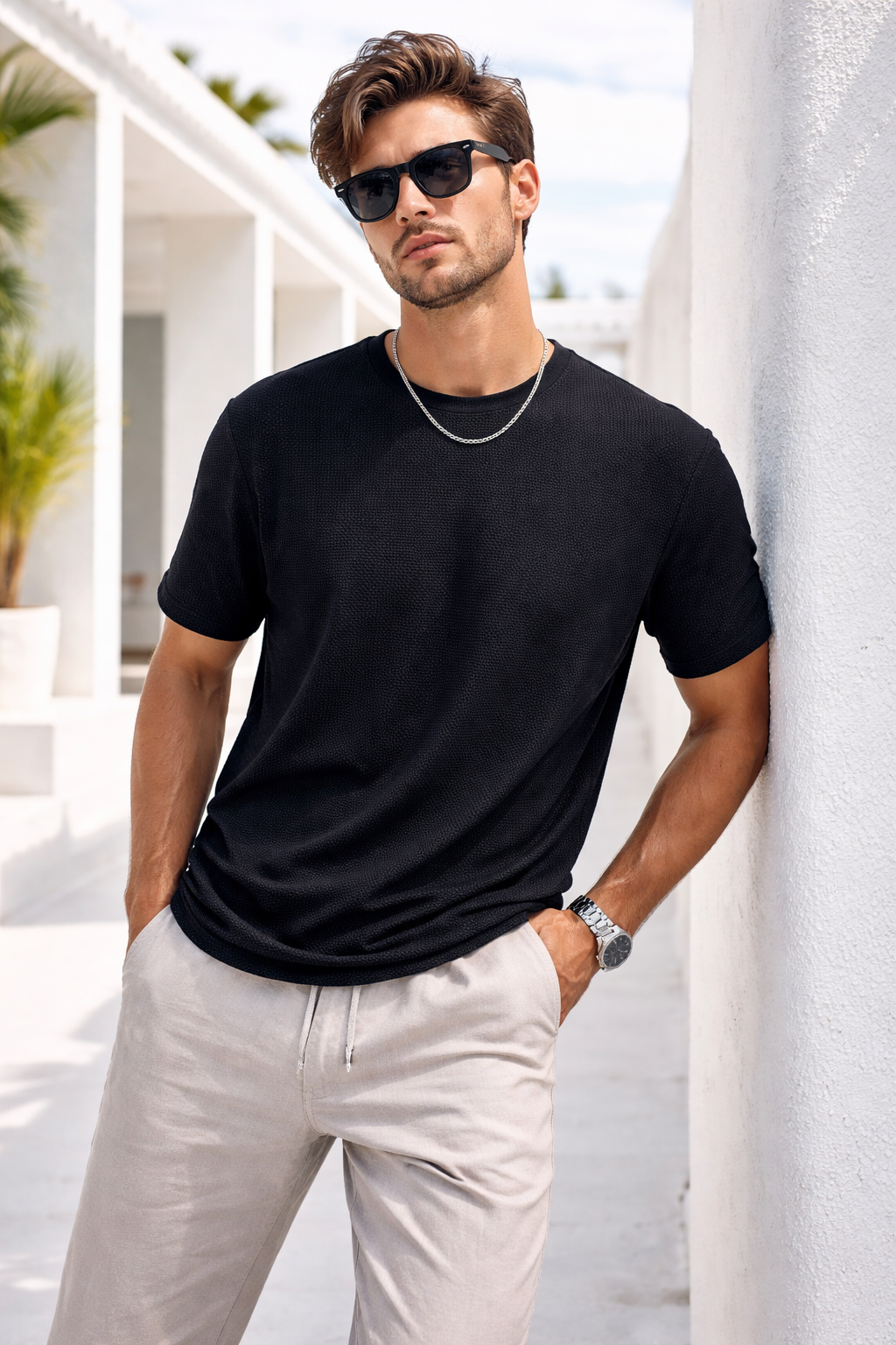 Erkek Siyah Jakarlı İnterlock Kumaş Basic T-shirt