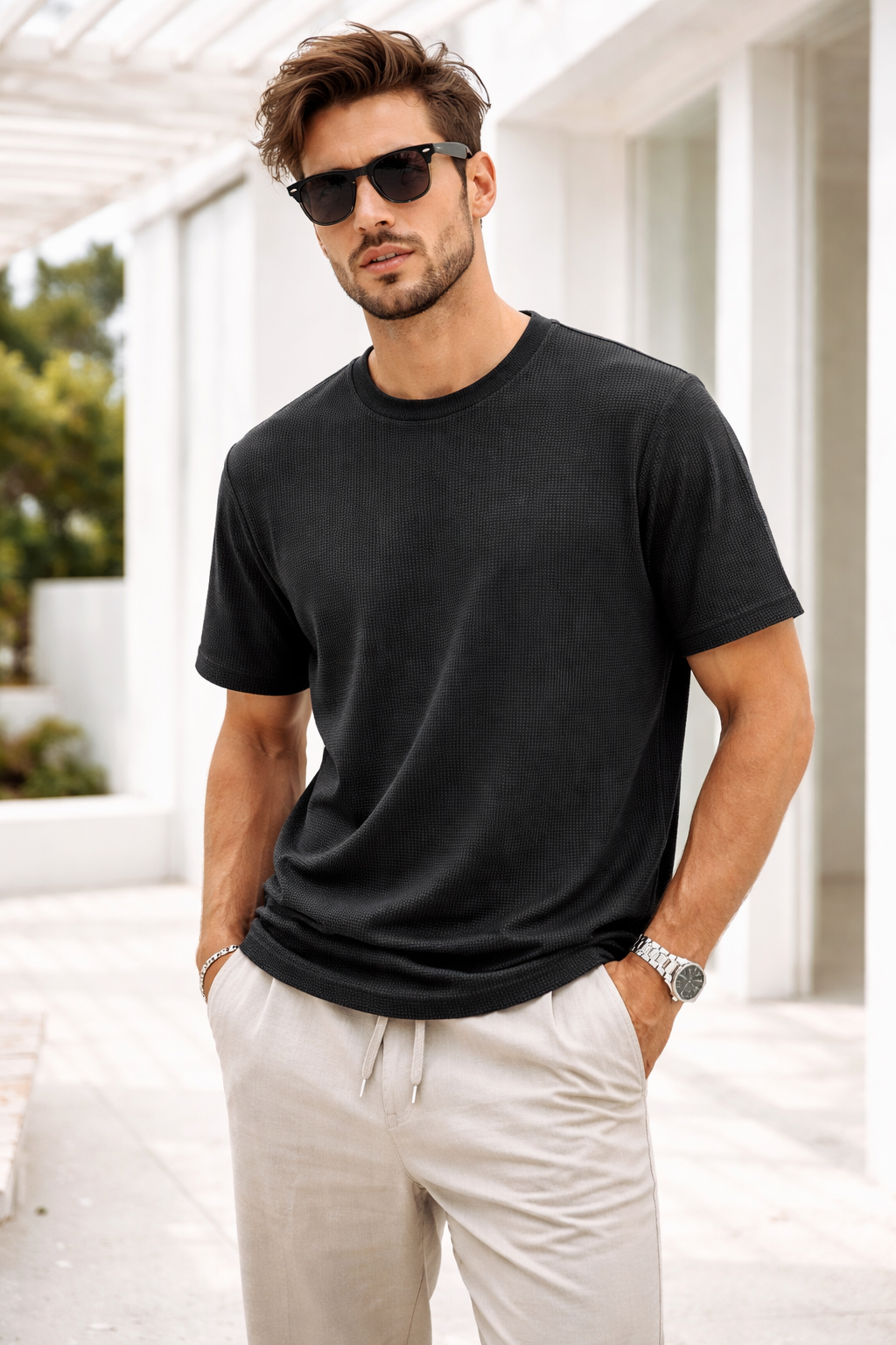 Erkek Siyah Jakarlı İnterlock Kumaş Basic T-shirt