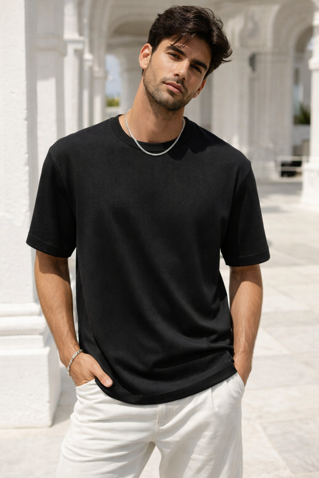 Erkek Siyah Jakarlı İnterlock Kumaş Basic T-shirt