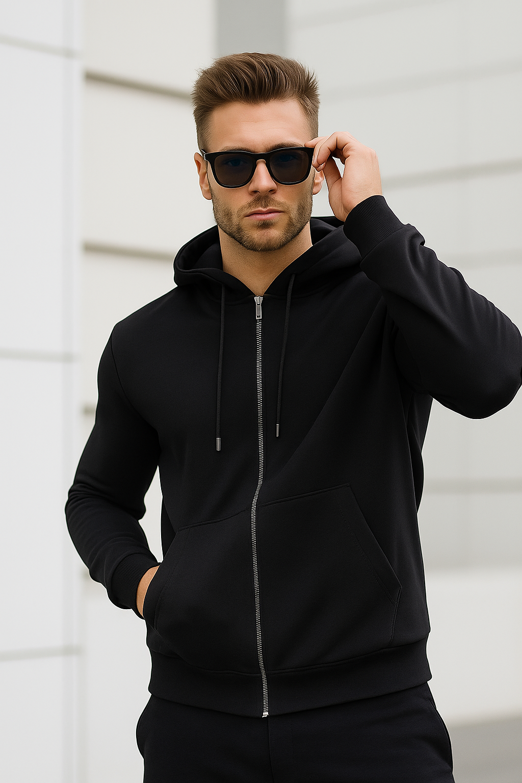 Erkek Siyah Kapüşonlu Kanguru Cepli Fermuarlı Sweatshirt