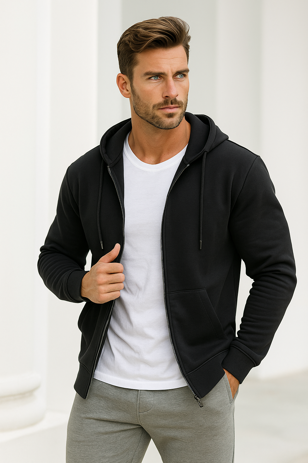 Erkek Siyah Kapüşonlu Kanguru Cepli Fermuarlı Sweatshirt