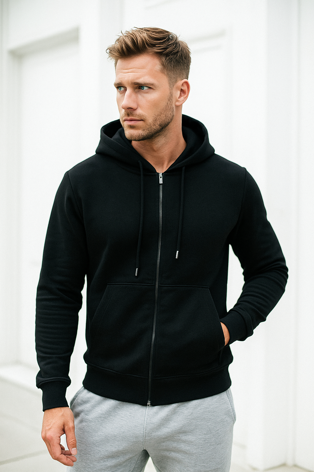 Erkek Siyah Kapüşonlu Kanguru Cepli Fermuarlı Sweatshirt