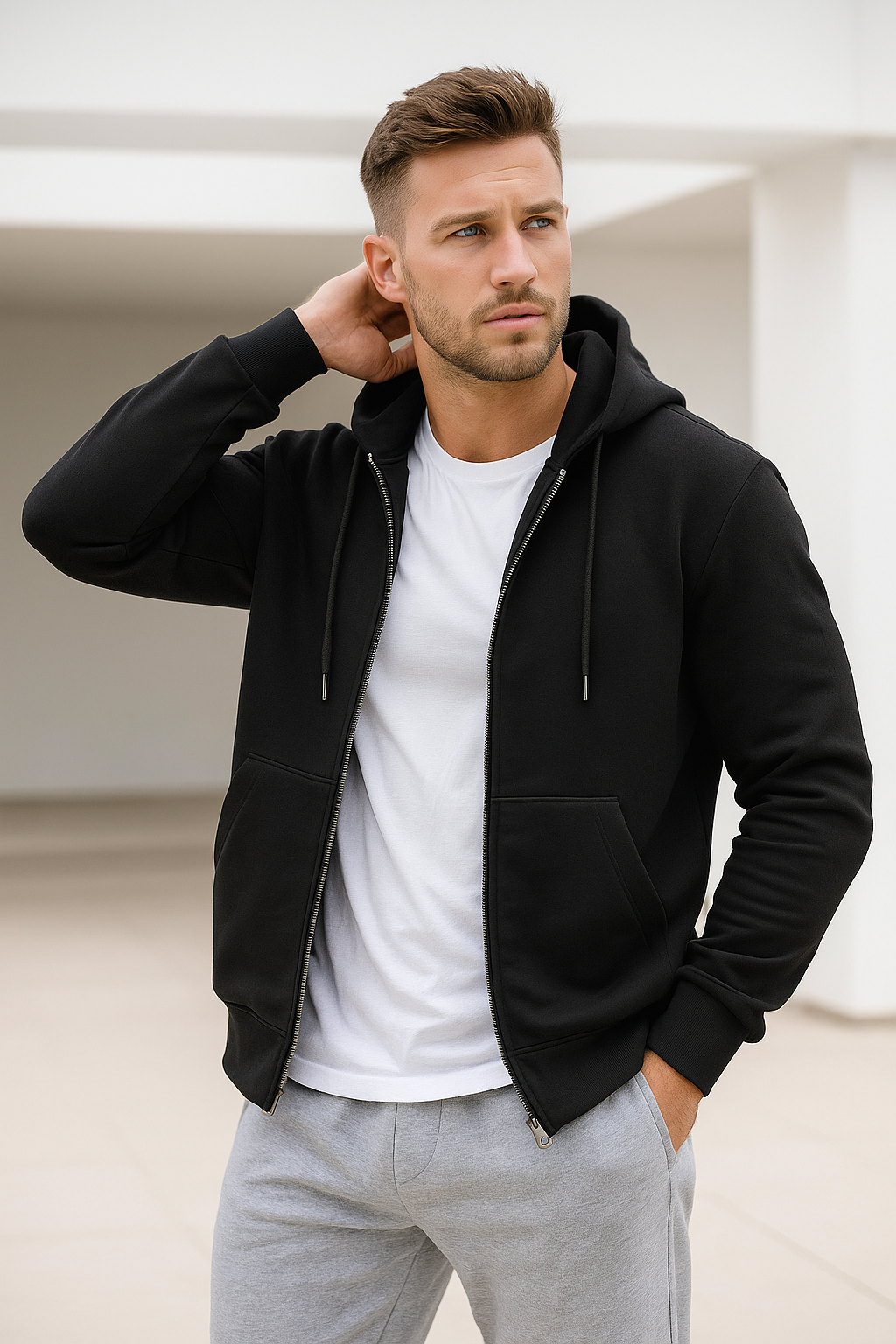 Erkek Siyah Kapüşonlu Kanguru Cepli Fermuarlı Sweatshirt