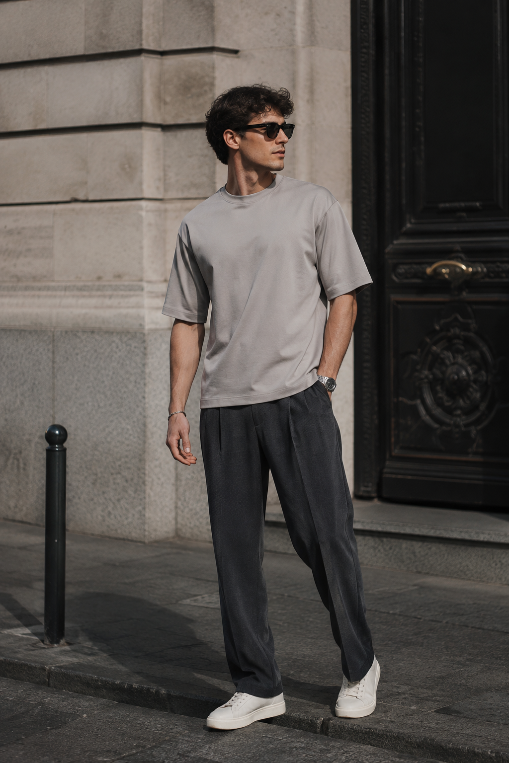 Erkek Taş Rengi Merserize İnterlok Kumaş Oversize T-Shirt
