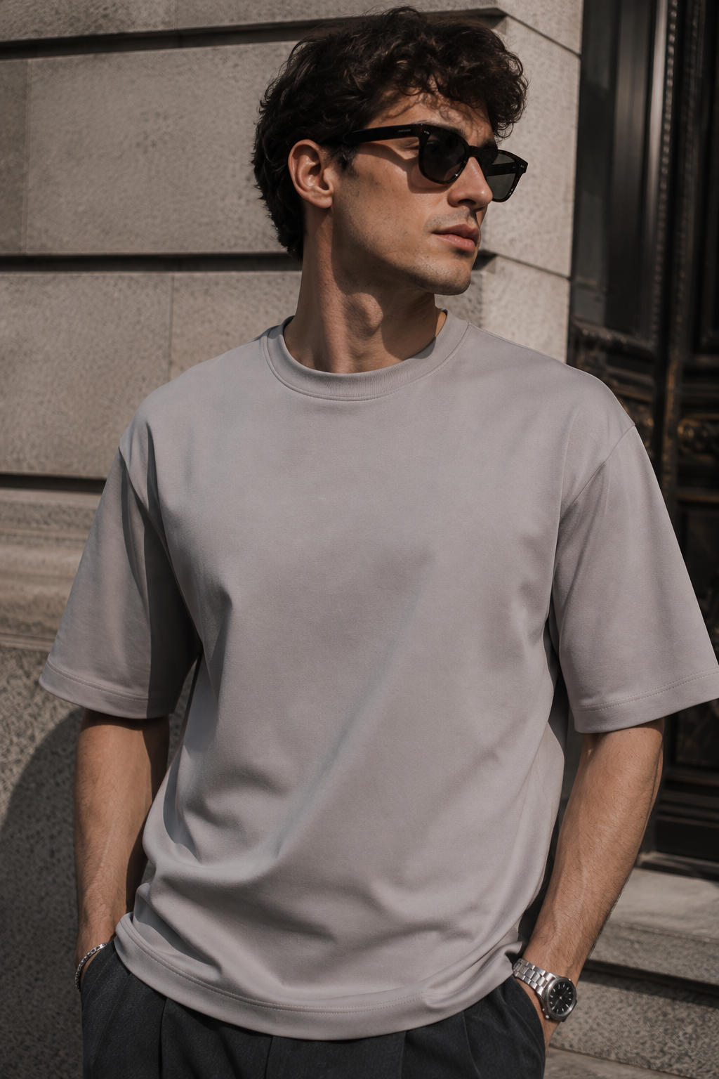Erkek Taş Rengi Merserize İnterlok Kumaş Oversize T-Shirt