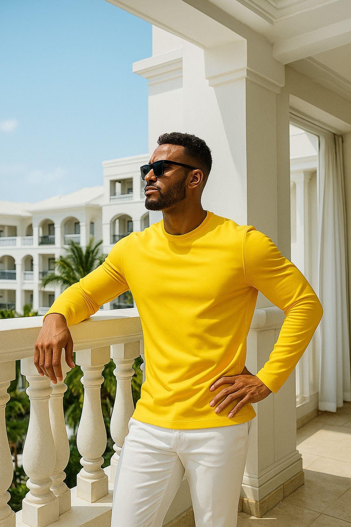 Erkek Uzun Kollu Bisiklet Yaka Tişört - %100 Pamuk Basic Relaxed T-shirt