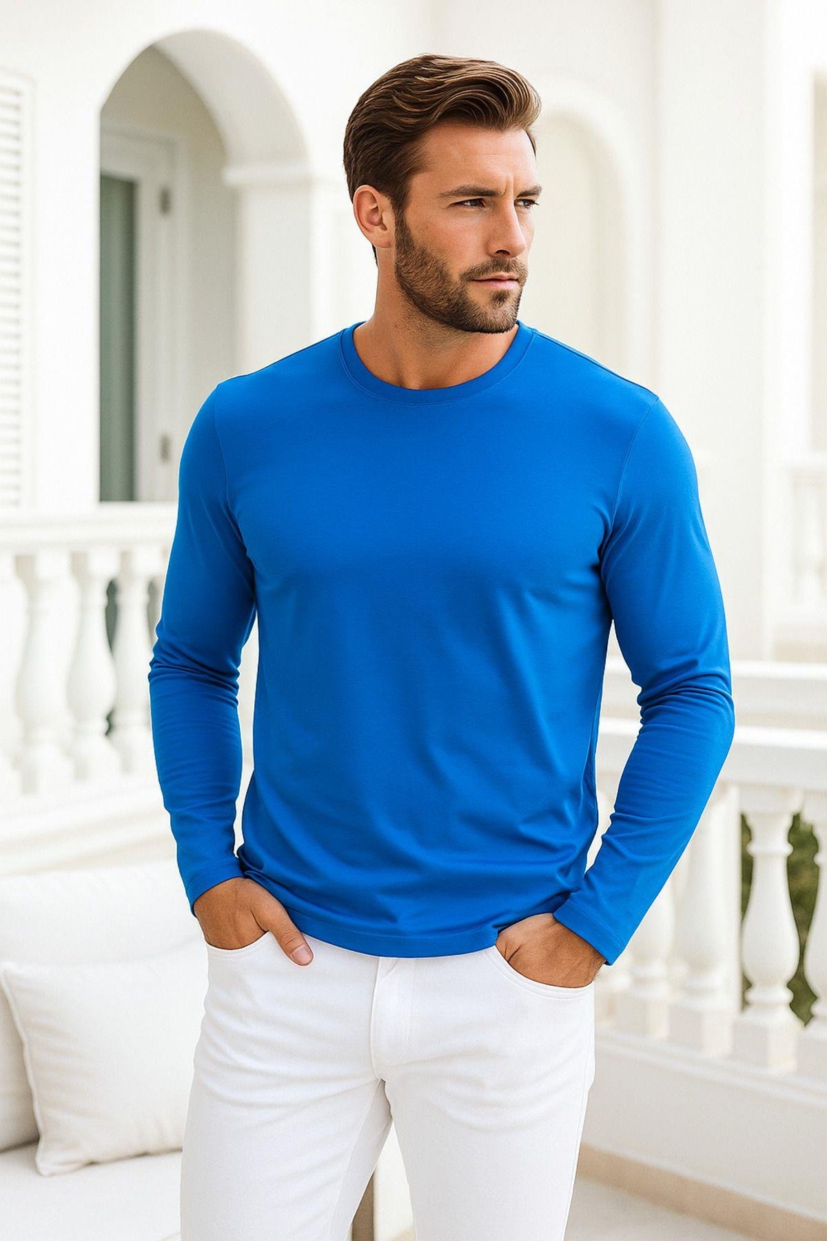 Erkek Uzun Kollu Bisiklet Yaka Tişört - %100 Pamuk Basic Relaxed T-shirt