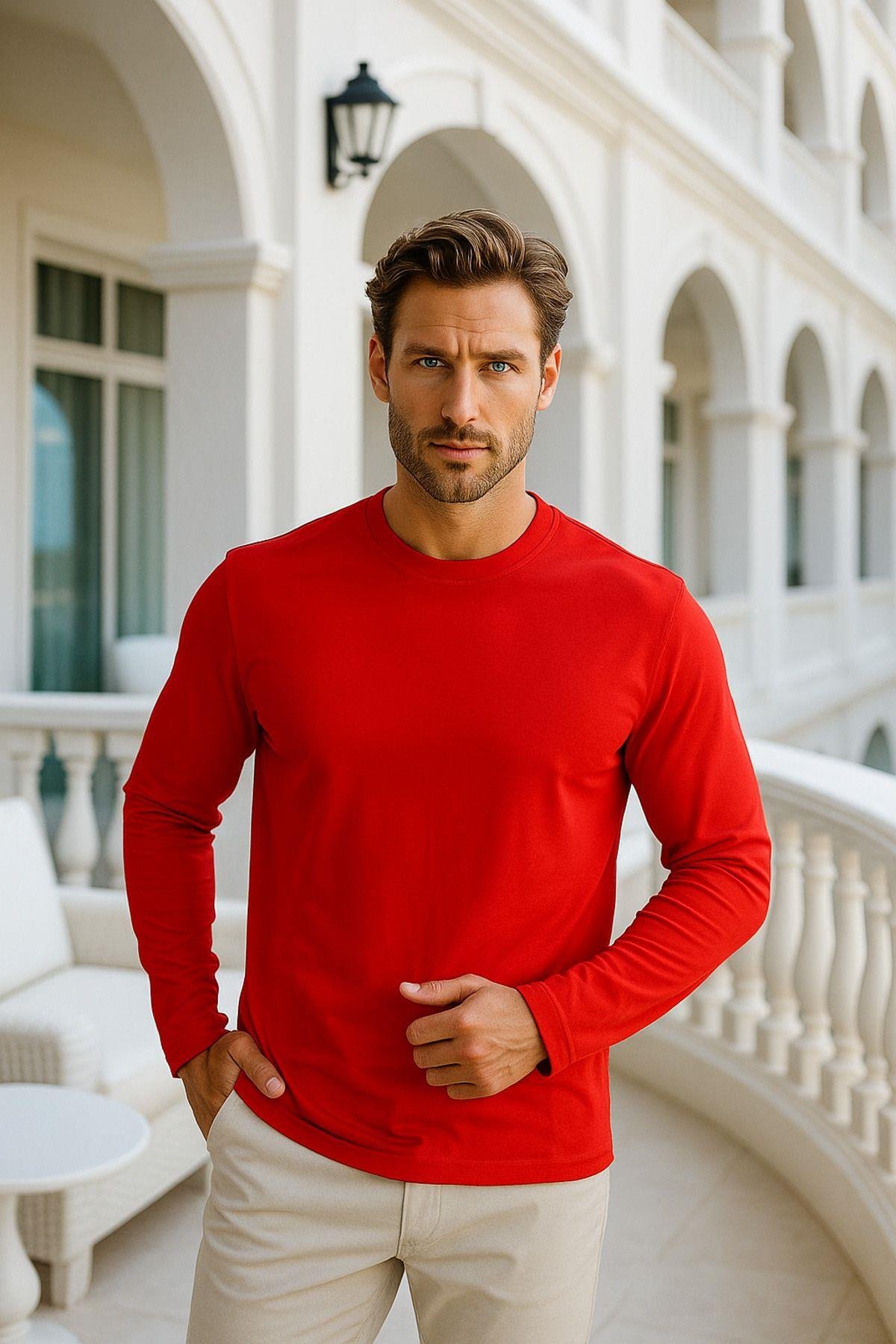 Erkek Uzun Kollu Bisiklet Yaka Tişört - %100 Pamuk Basic Relaxed T-shirt