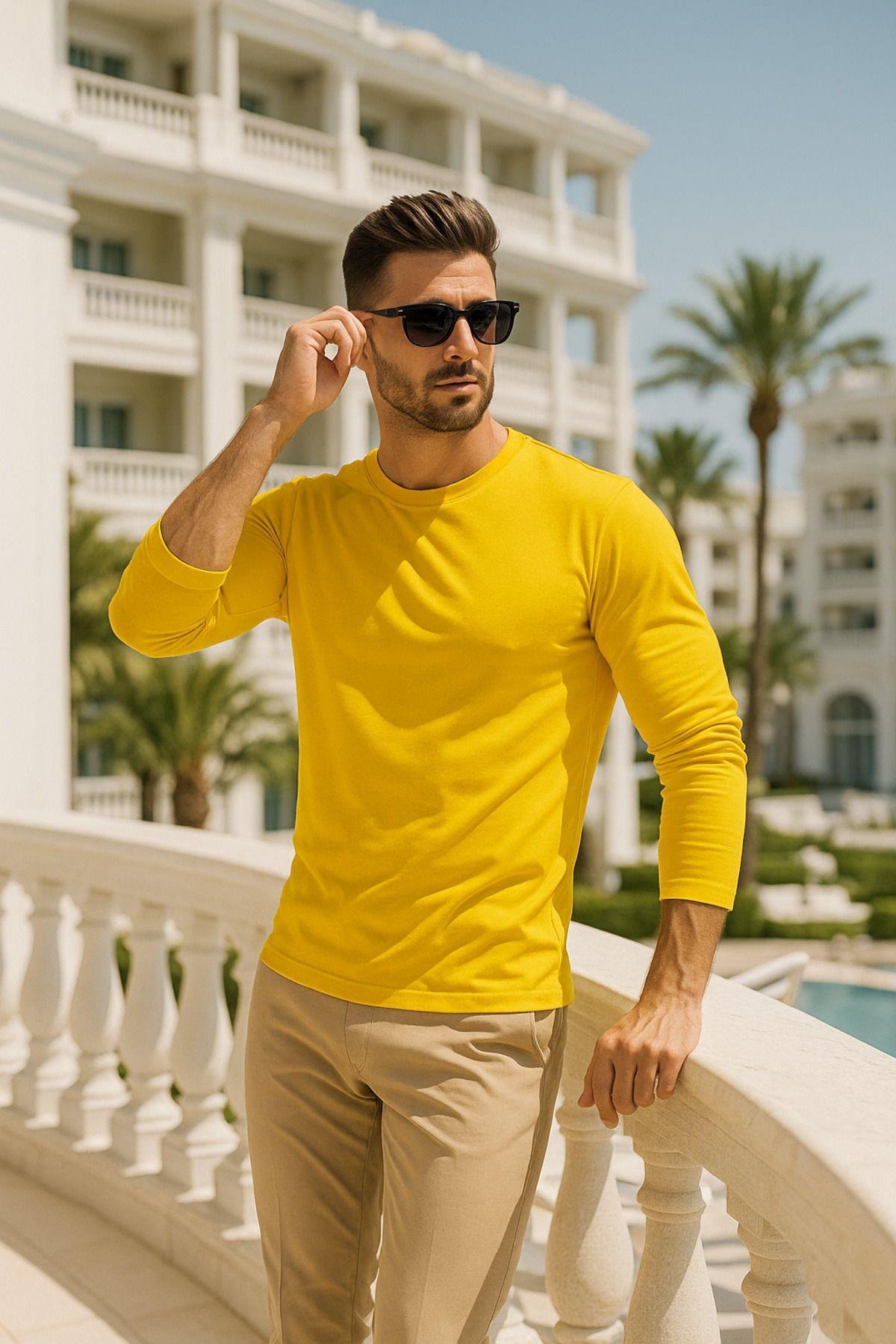 Erkek Uzun Kollu Bisiklet Yaka Tişört - %100 Pamuk Basic Relaxed T-shirt