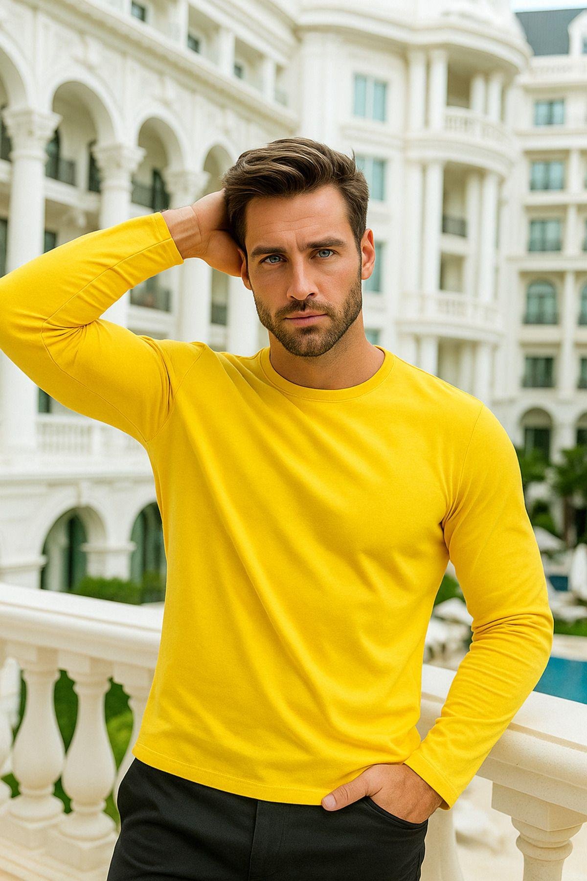 Erkek Uzun Kollu Bisiklet Yaka Tişört - %100 Pamuk Basic Relaxed T-shirt