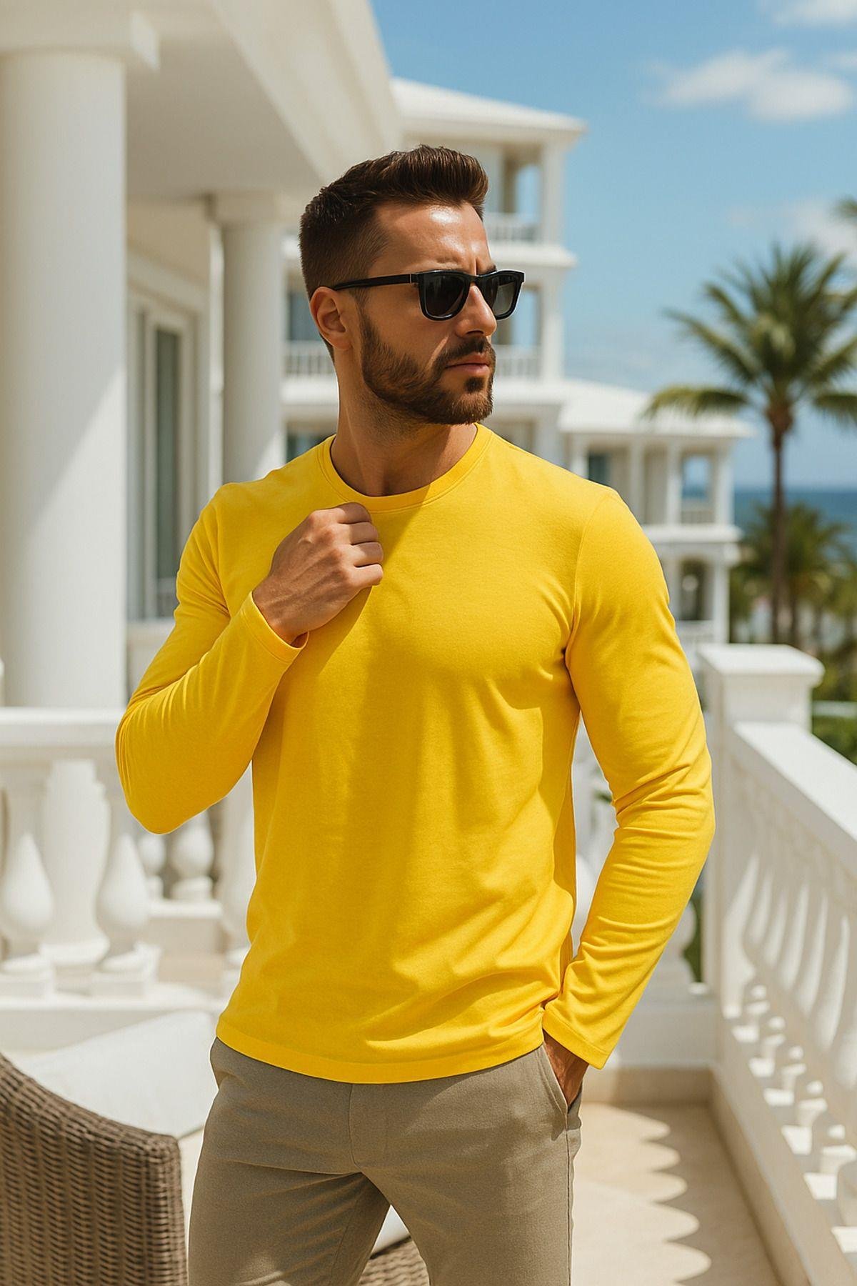 Erkek Uzun Kollu Bisiklet Yaka Tişört - %100 Pamuk Basic Relaxed T-shirt