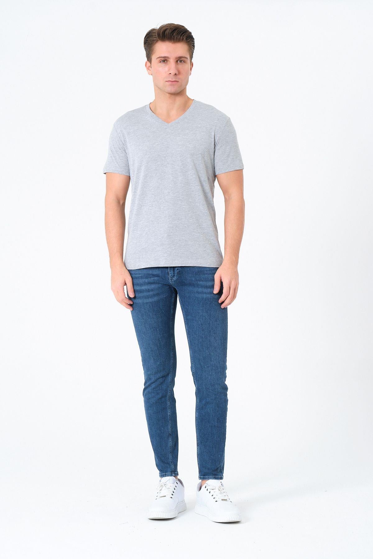 Erkek V Yaka %100 Pamuk Kısa Kollu Gri T-shirt Basic Erkek Tişört