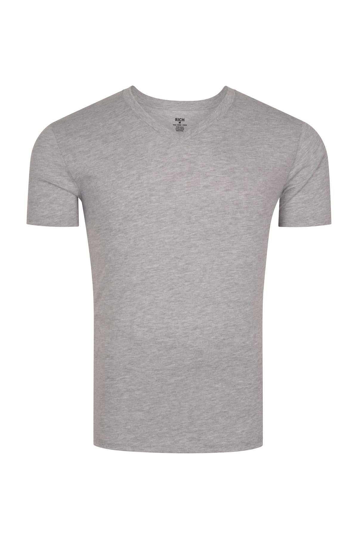 Erkek V Yaka %100 Pamuk Kısa Kollu Gri T-shirt Basic Erkek Tişört