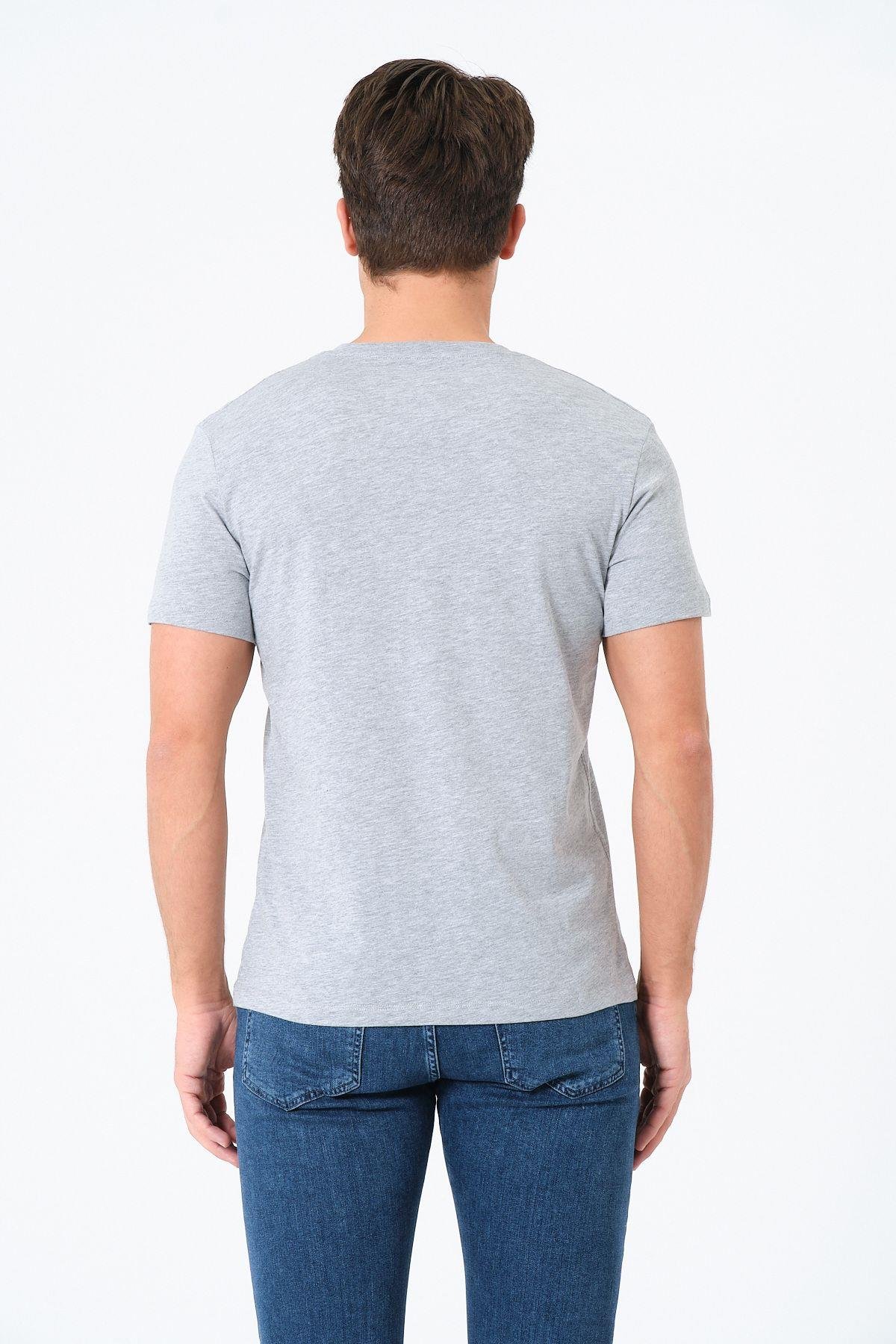 Erkek V Yaka %100 Pamuk Kısa Kollu Gri T-shirt Basic Erkek Tişört
