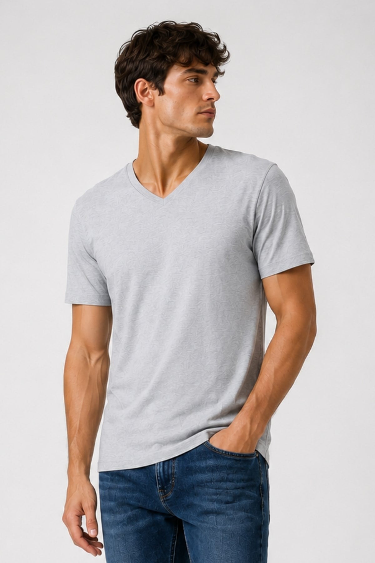 Erkek V Yaka %100 Pamuk Kısa Kollu Gri T-shirt Basic Erkek Tişört