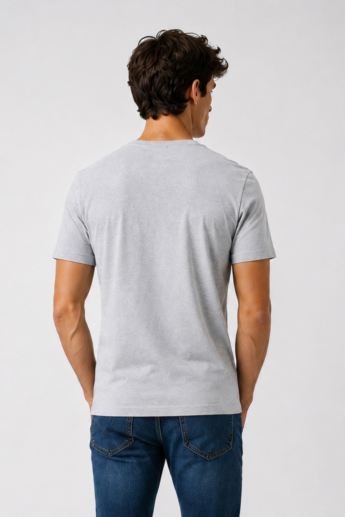 Erkek V Yaka %100 Pamuk Kısa Kollu Gri T-shirt Basic Erkek Tişört