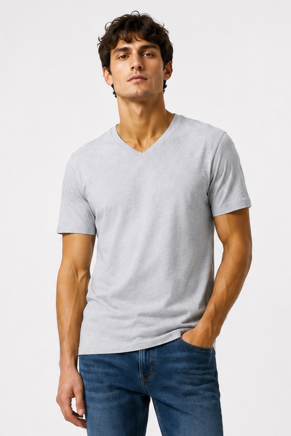 Erkek V Yaka %100 Pamuk Kısa Kollu Gri T-shirt Basic Erkek Tişört