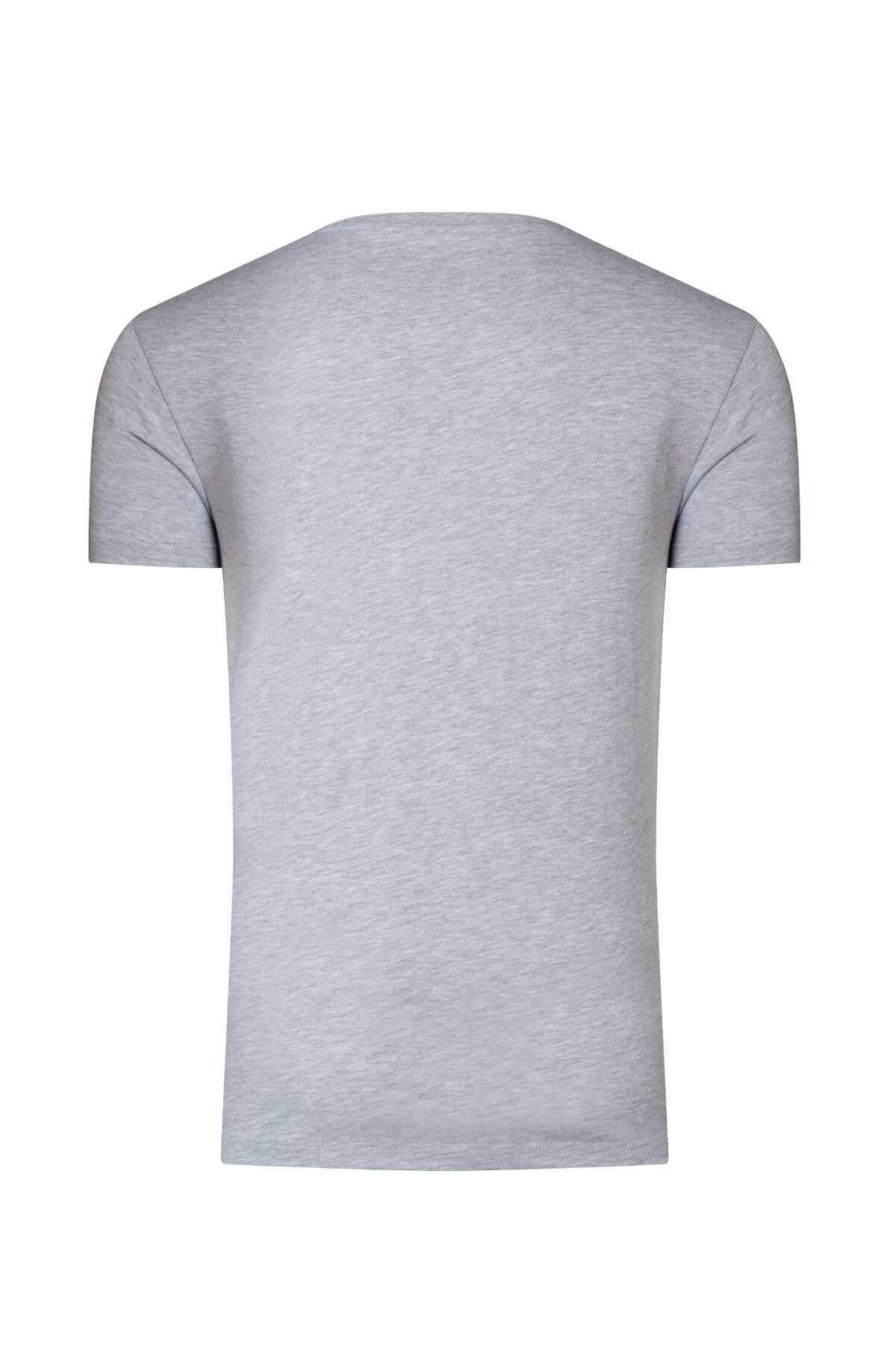 Erkek V Yaka %100 Pamuk Kısa Kollu Gri T-shirt Basic Erkek Tişört
