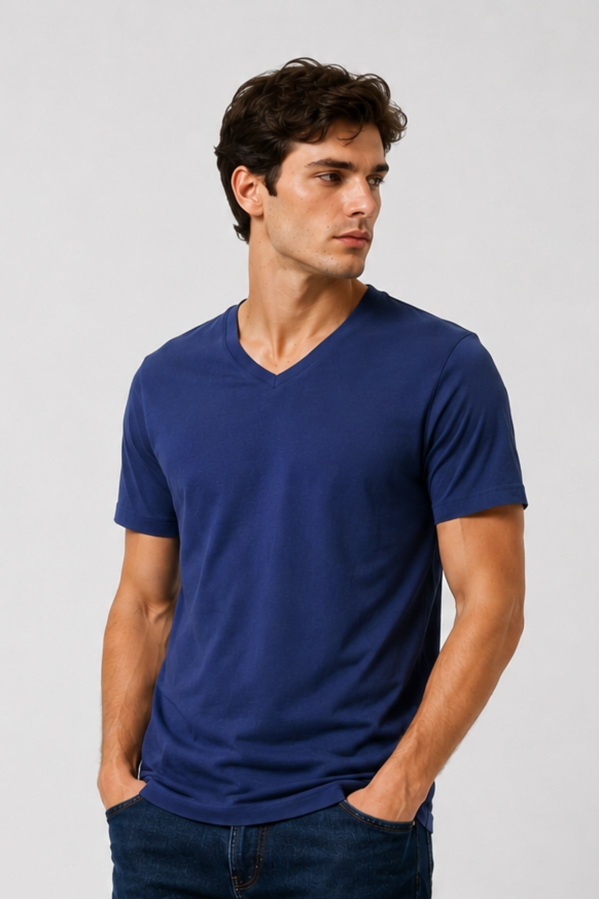 Erkek V Yaka %100 Pamuk Kısa Kollu Lacivert T-shirt Basic Erkek Tişört