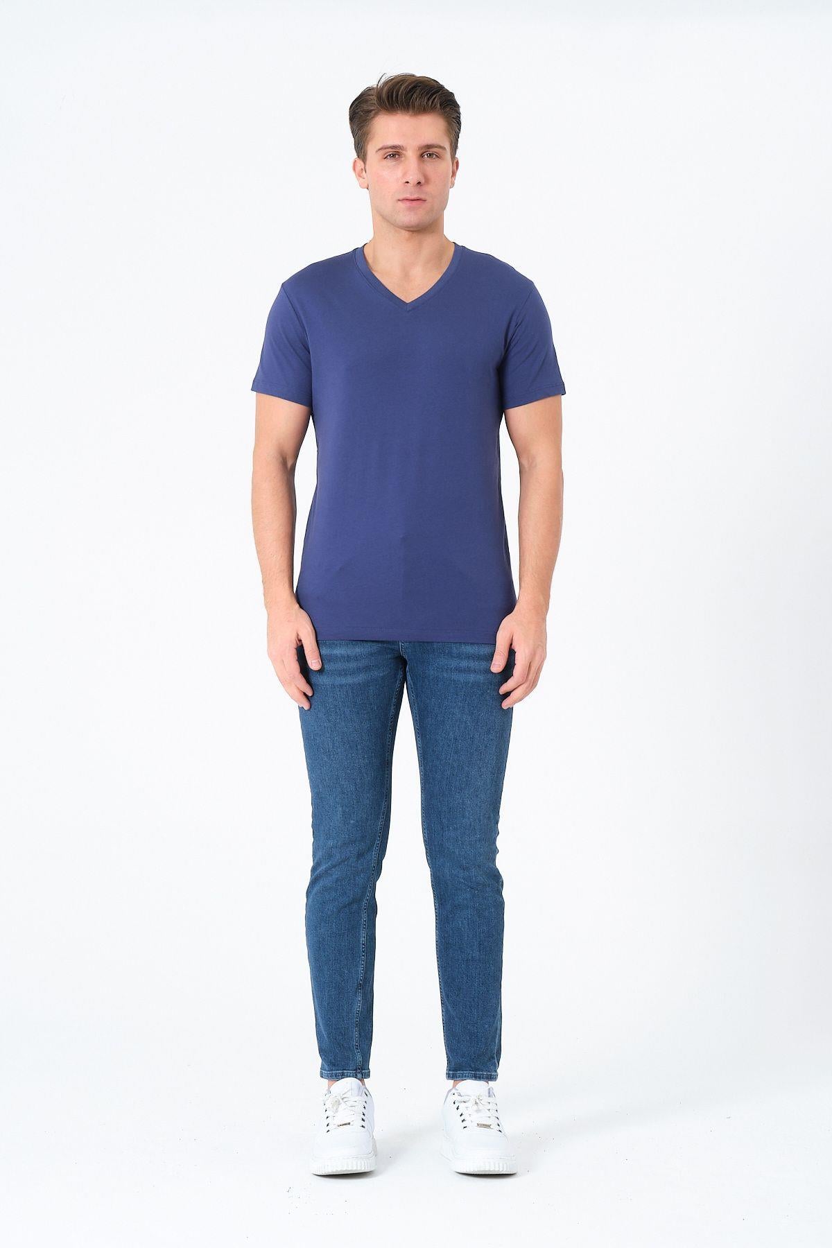 Erkek V Yaka %100 Pamuk Kısa Kollu Lacivert T-shirt Basic Erkek Tişört