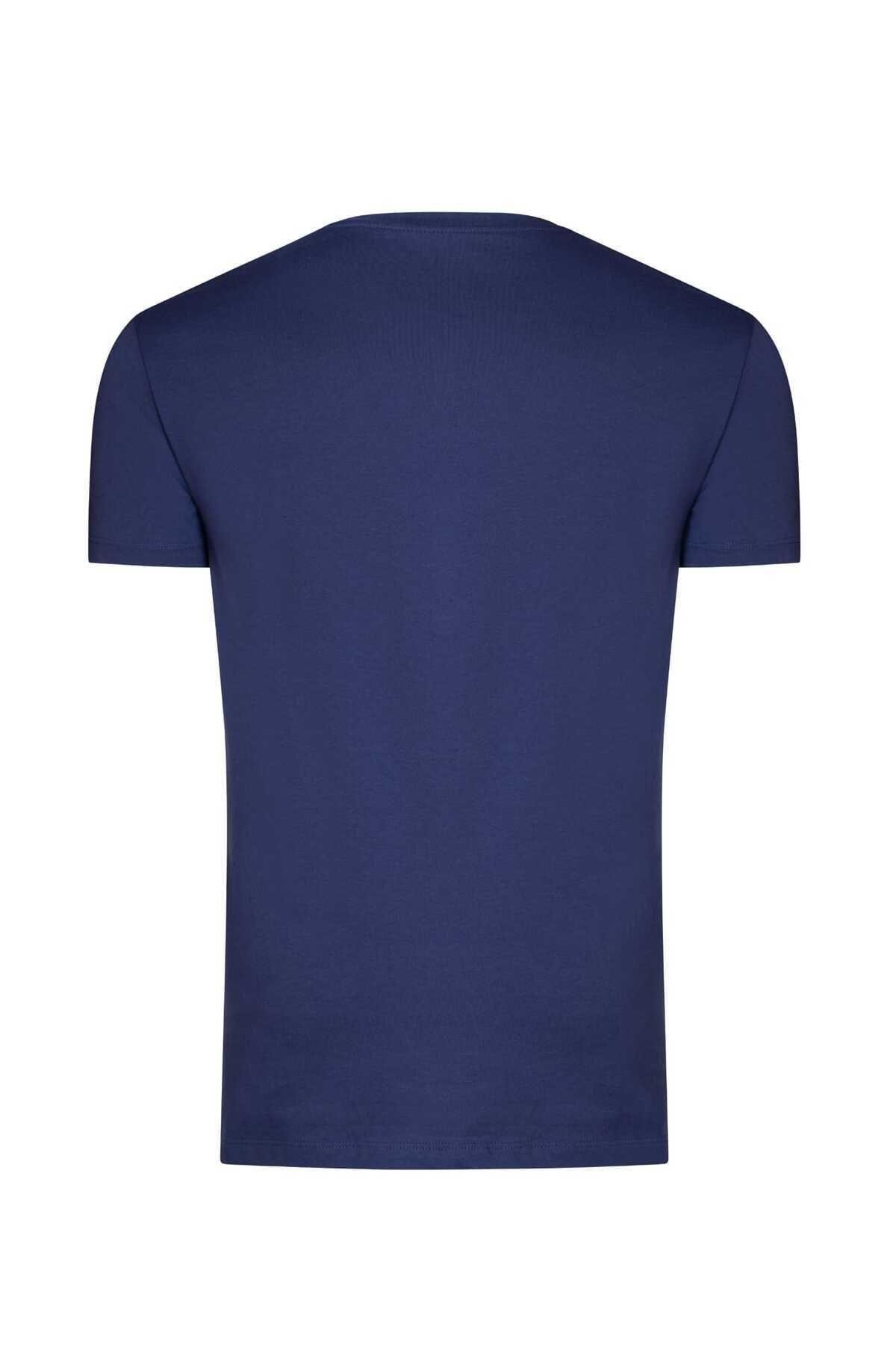 Erkek V Yaka %100 Pamuk Kısa Kollu Lacivert T-shirt Basic Erkek Tişört