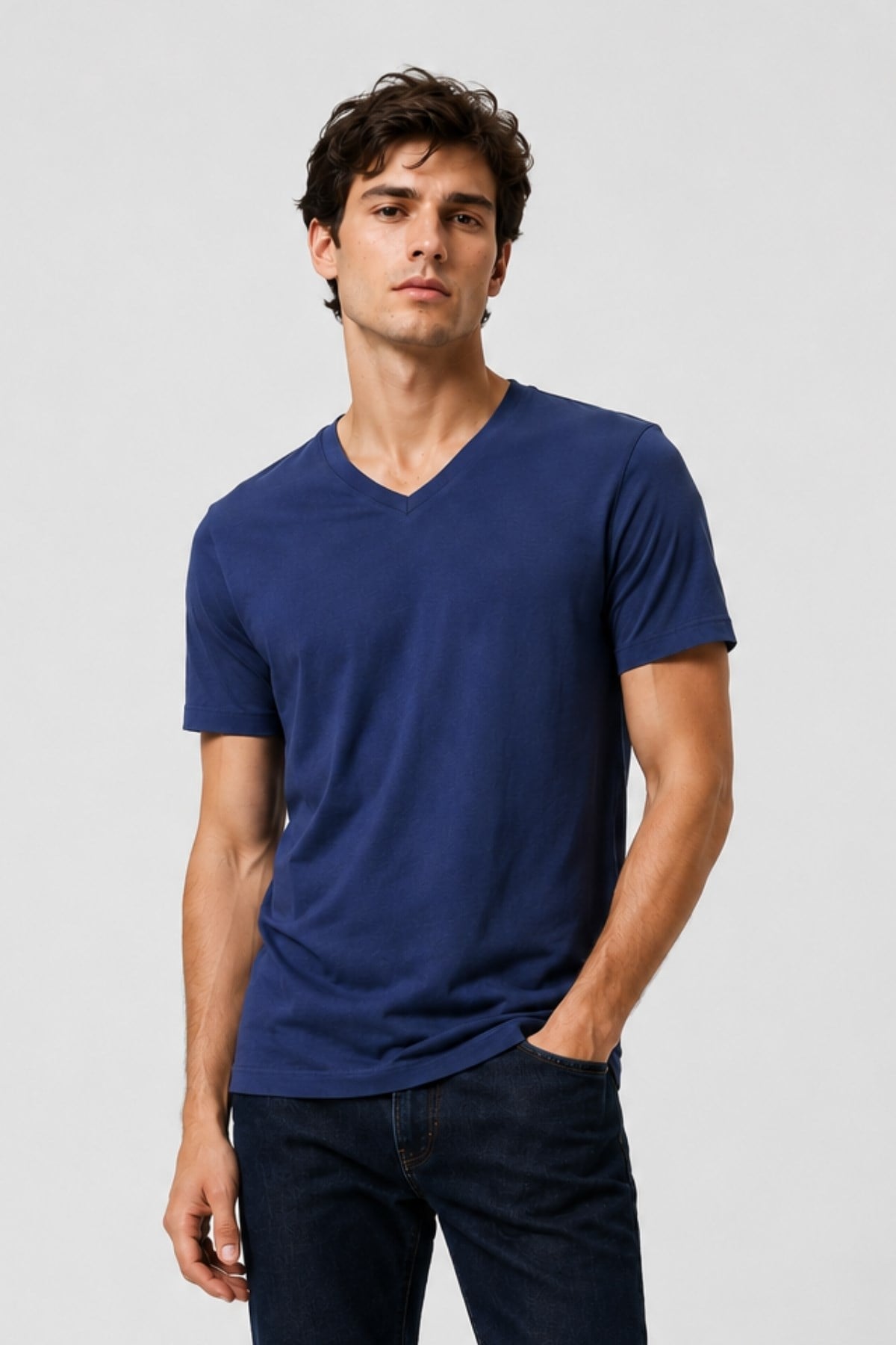 Erkek V Yaka %100 Pamuk Kısa Kollu Lacivert T-shirt Basic Erkek Tişört