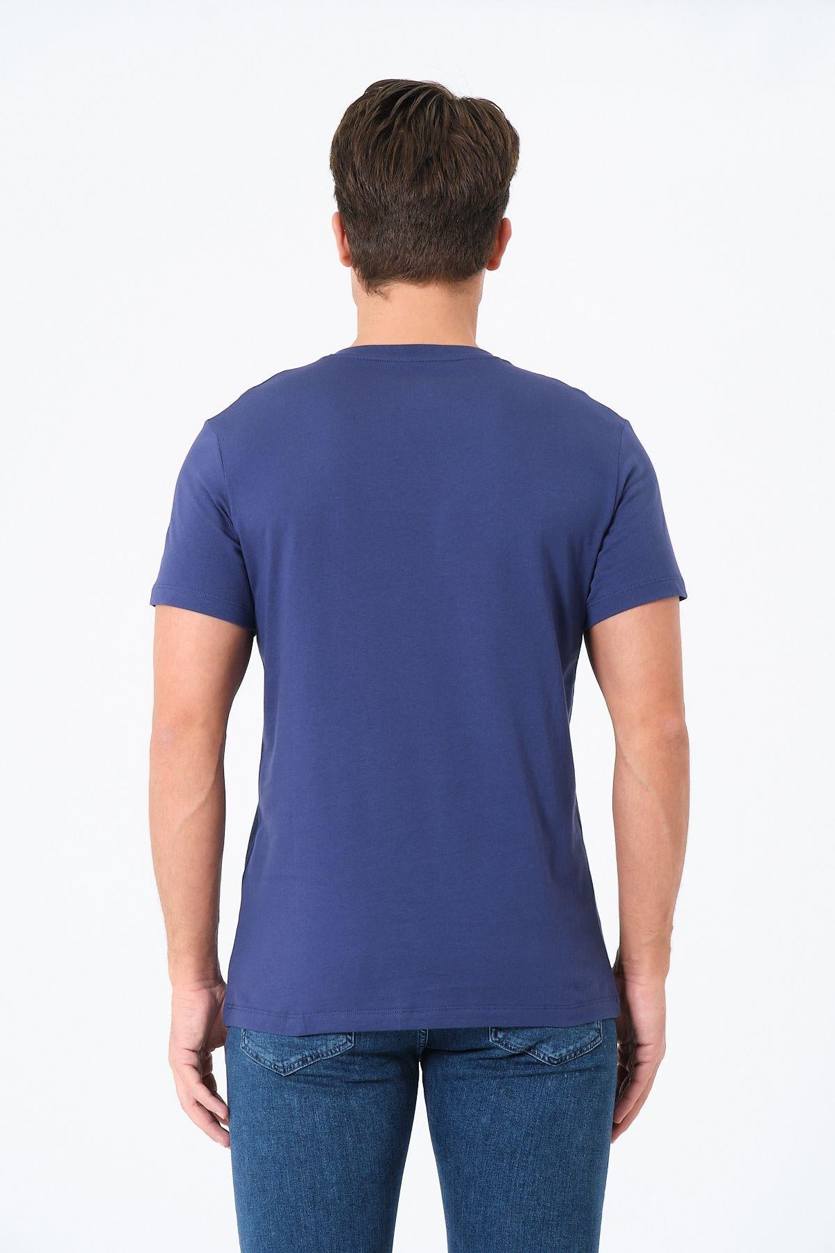 Erkek V Yaka %100 Pamuk Kısa Kollu Lacivert T-shirt Basic Erkek Tişört