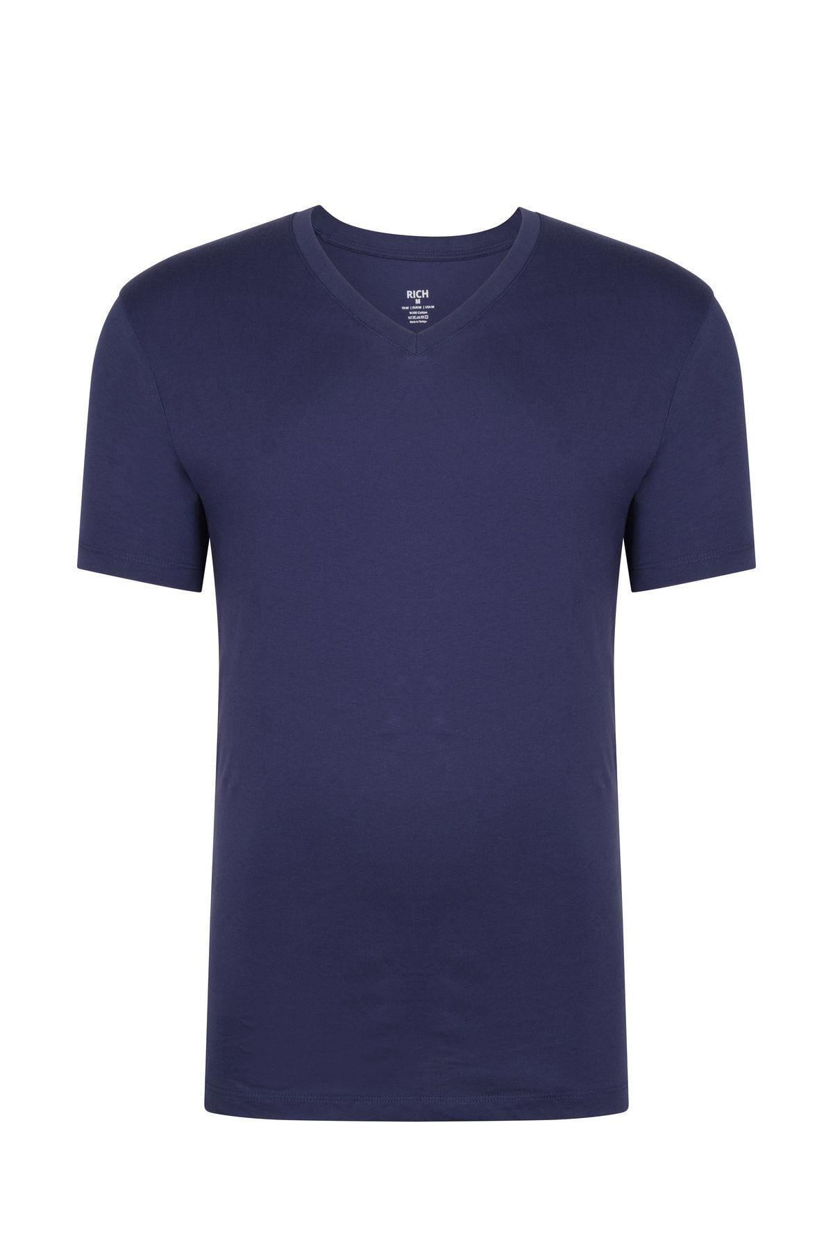 Erkek V Yaka %100 Pamuk Kısa Kollu Lacivert T-shirt Basic Erkek Tişört