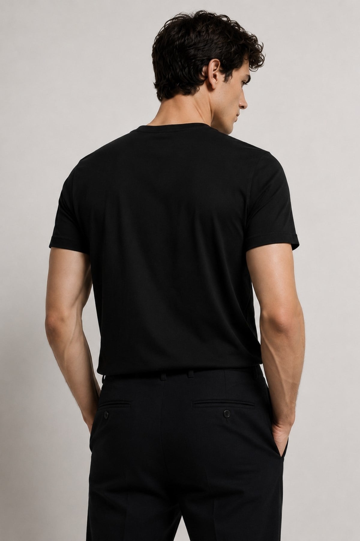Erkek V Yaka %100 Pamuk Kısa Kollu Siyah T-shirt Tişört