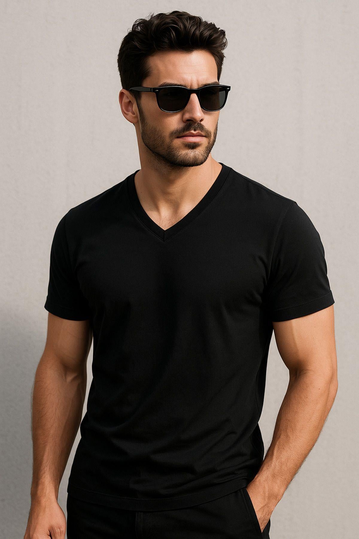 Erkek V Yaka %100 Pamuk Kısa Kollu Siyah T-shirt Tişört