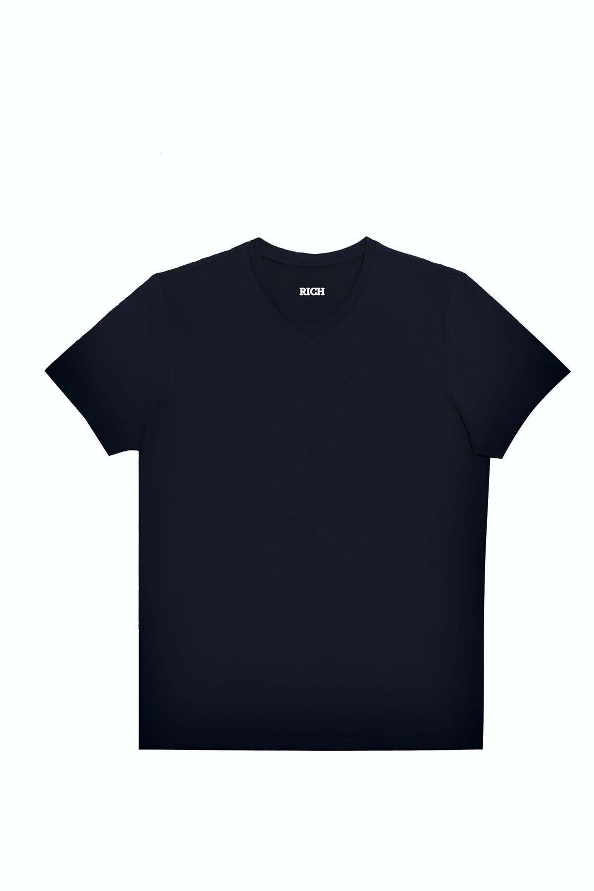 Erkek V Yaka %100 Pamuk Kısa Kollu Siyah T-shirt Tişört