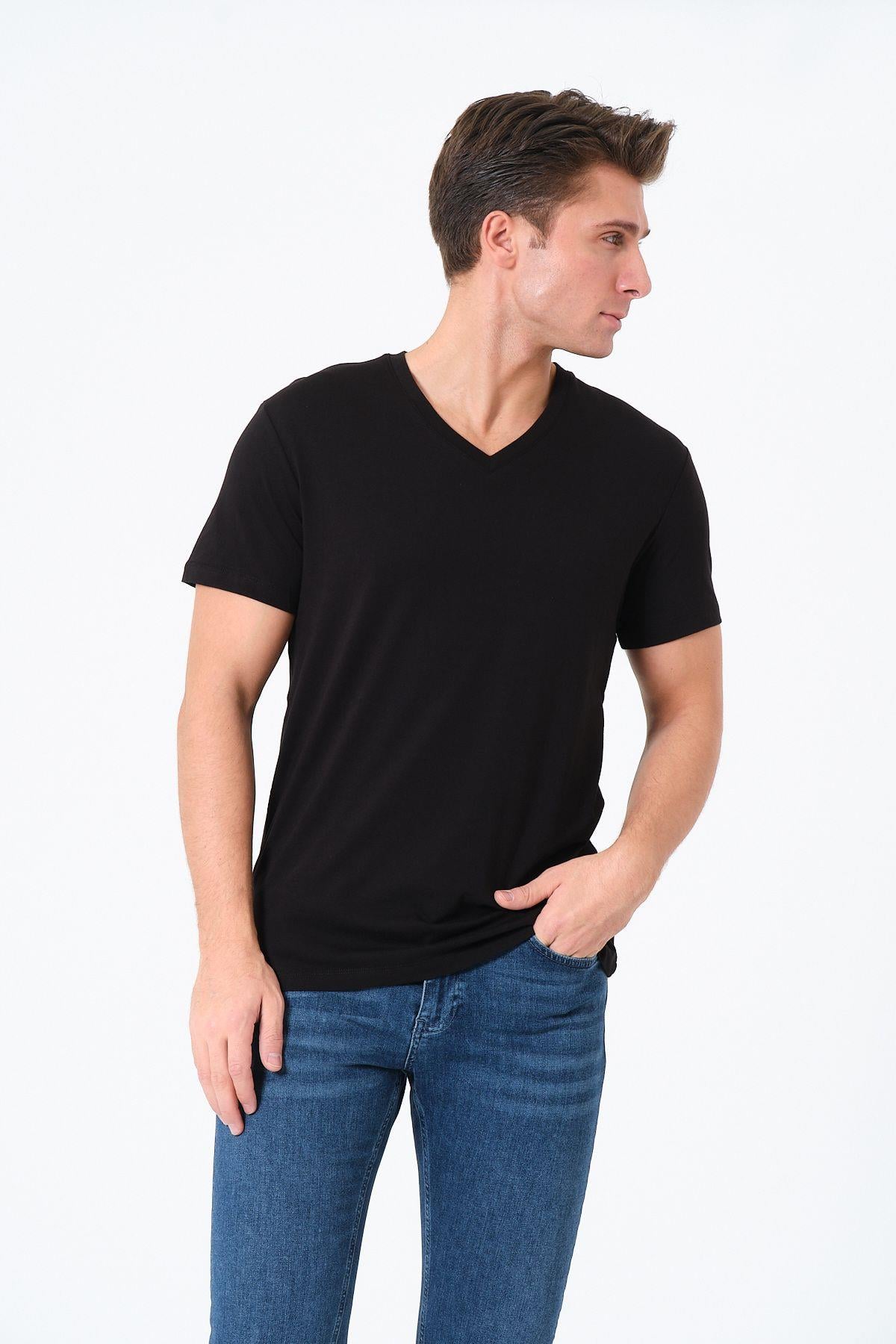Erkek V Yaka 4'lü Paket Basic Kısa Kollu T-Shirt