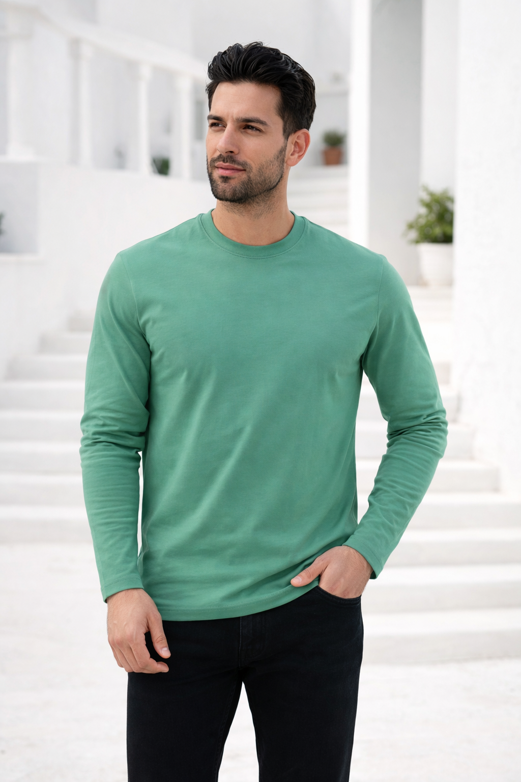 Erkek Yeşil Basic Uzun Kollu Tişört Sporcu Body T-shirt