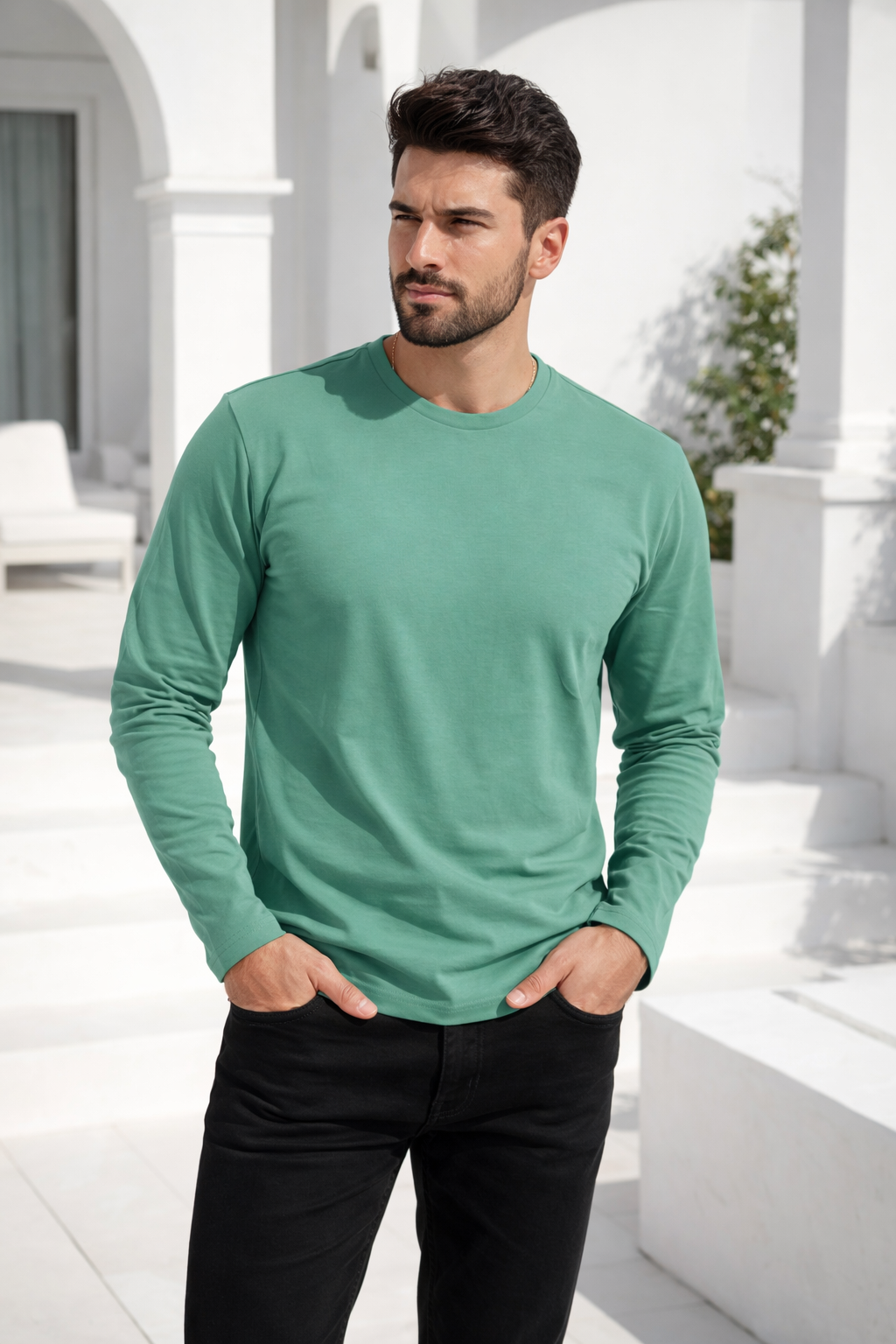 Erkek Yeşil Basic Uzun Kollu Tişört Sporcu Body T-shirt