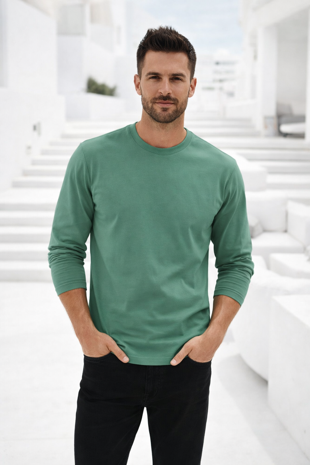Erkek Yeşil Basic Uzun Kollu Tişört Sporcu Body T-shirt