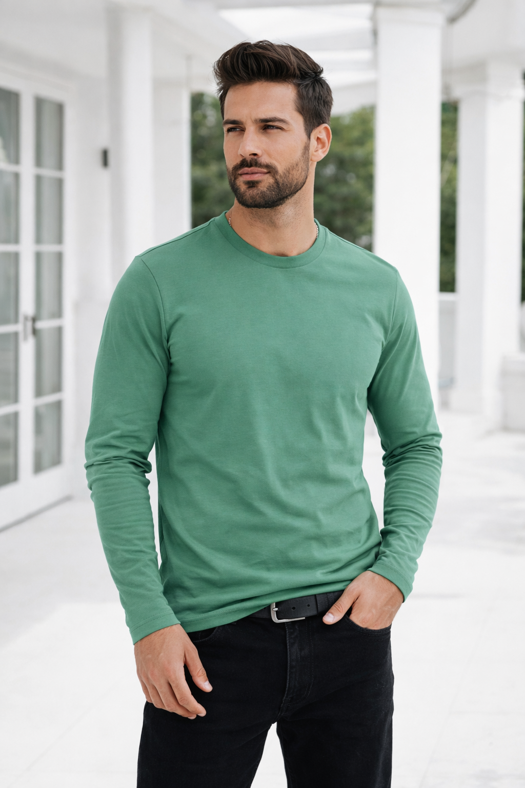 Erkek Yeşil Basic Uzun Kollu Tişört Sporcu Body T-shirt