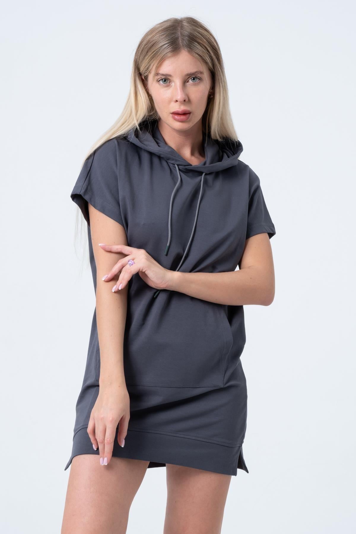 Füme Uzun Sweatshirt Elbise Tunik Kısa Kollu Kanguru Cepli