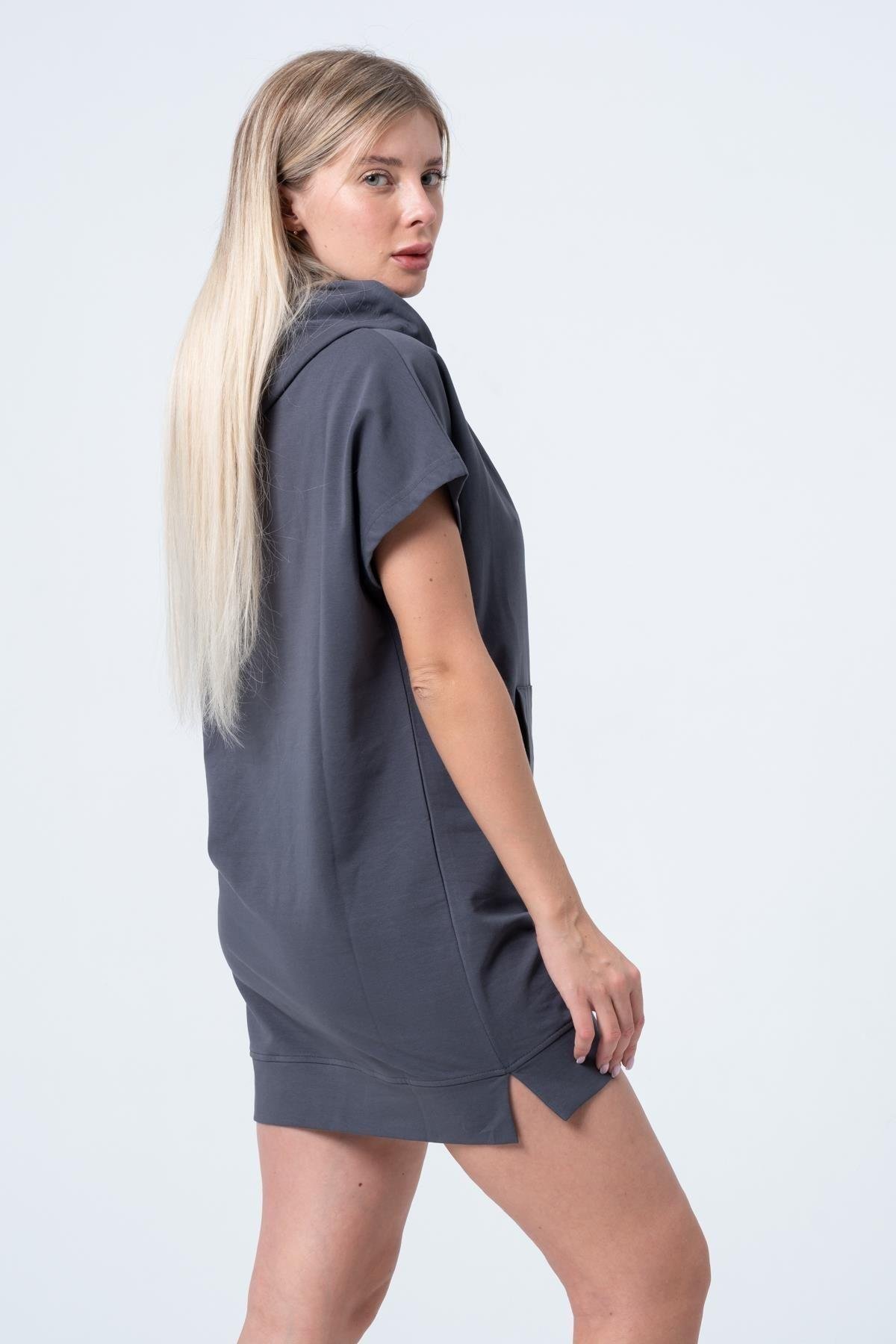 Füme Uzun Sweatshirt Elbise Tunik Kısa Kollu Kanguru Cepli