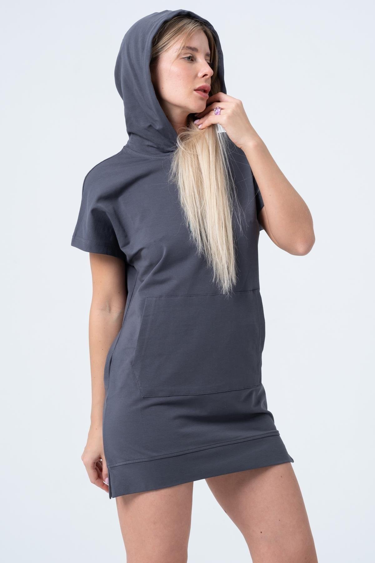 Füme Uzun Sweatshirt Elbise Tunik Kısa Kollu Kanguru Cepli