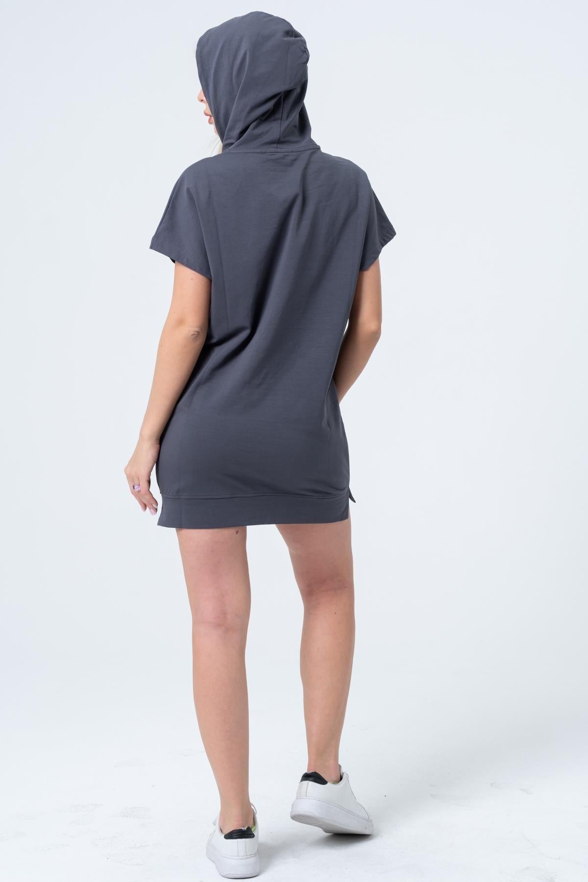 Füme Uzun Sweatshirt Elbise Tunik Kısa Kollu Kanguru Cepli